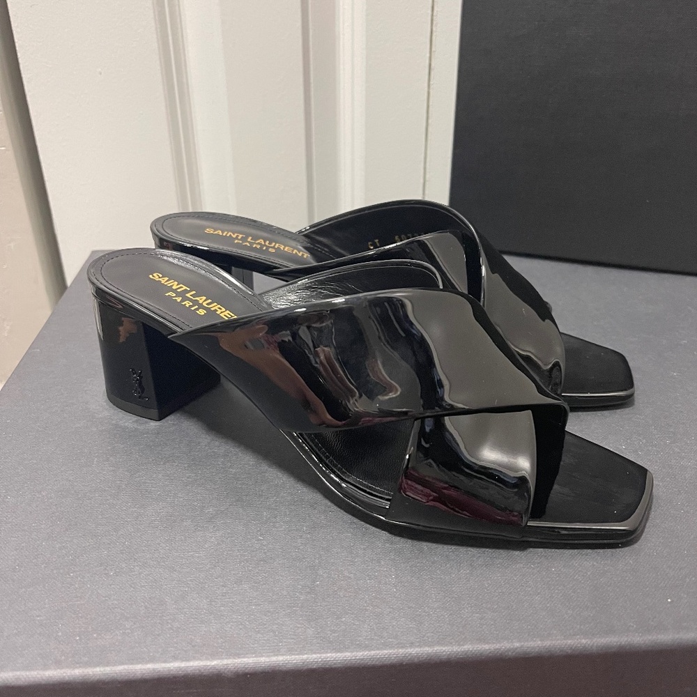 NEW Saint Laurent Black Patent LouLou 50 Mules Sandals Sz IT 39.5/US 9.5